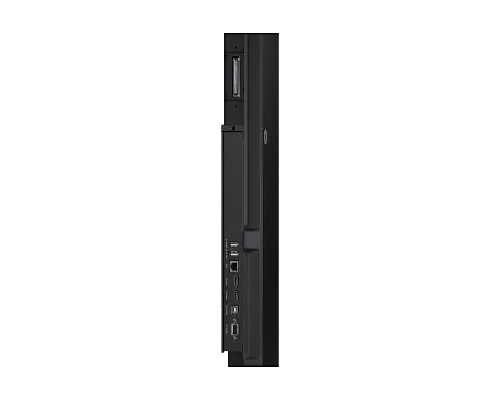Samsung WA65F 65in interactive display, side profile view showing OPS slot and rear connection ports