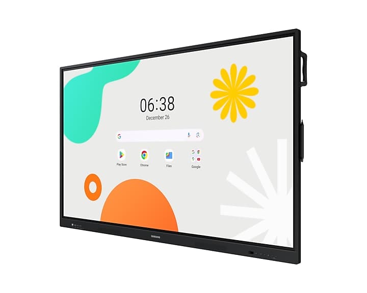 Samsung WA65F 65in interactive display, three-quarter front angled view showing Android home screen