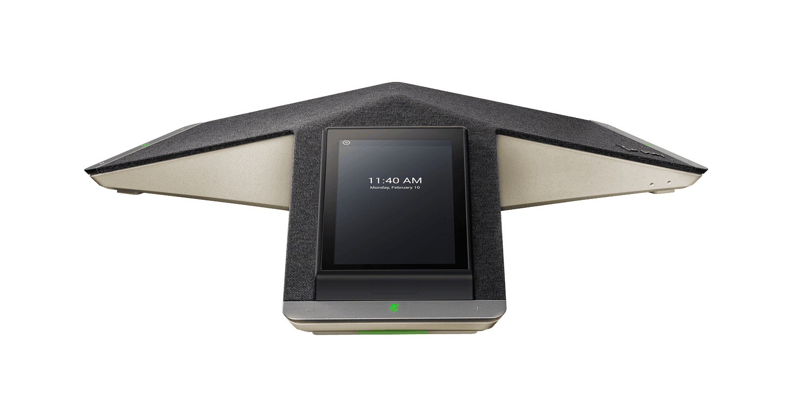 Poly Trio C60 conference speakerphone seen head-on, its three fabric-covered arms spread flat on a table and the 5-inch touchscreen showing the idle clock screen