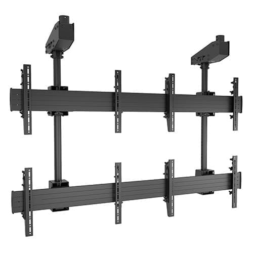 Rear three-quarter view of the Chief LCM2X2U 2x2 ceiling video wall mount with no displays fitted, showing the two ceiling columns, the upper and lower horizontal rails and the four pairs of display interface brackets.