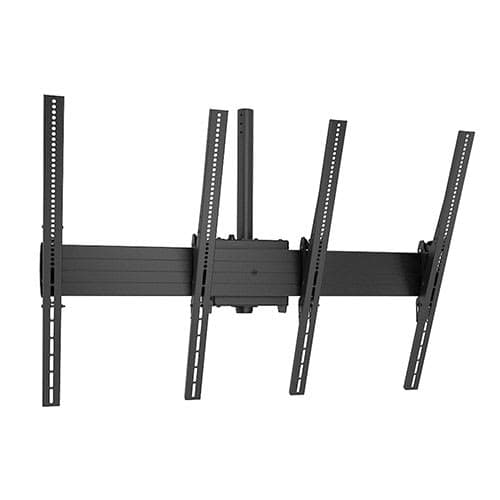 Front elevation of the Chief LCM2X1UP portrait ceiling menu board mount with no displays fitted, showing the black horizontal rail, the central ceiling column fitting and four long portrait display interface brackets.