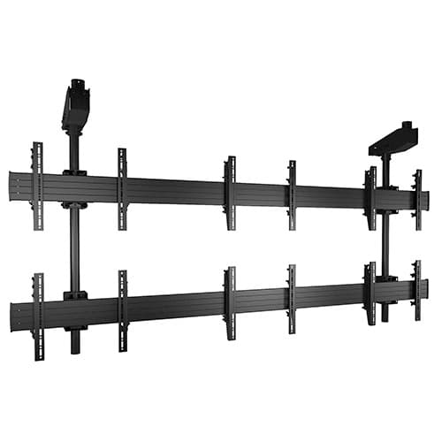 Chief LCM3X2U Fusion 3x2 ceiling-mounted video wall structure in black, shown empty, with the ceiling mount brackets at the top of the frame.
