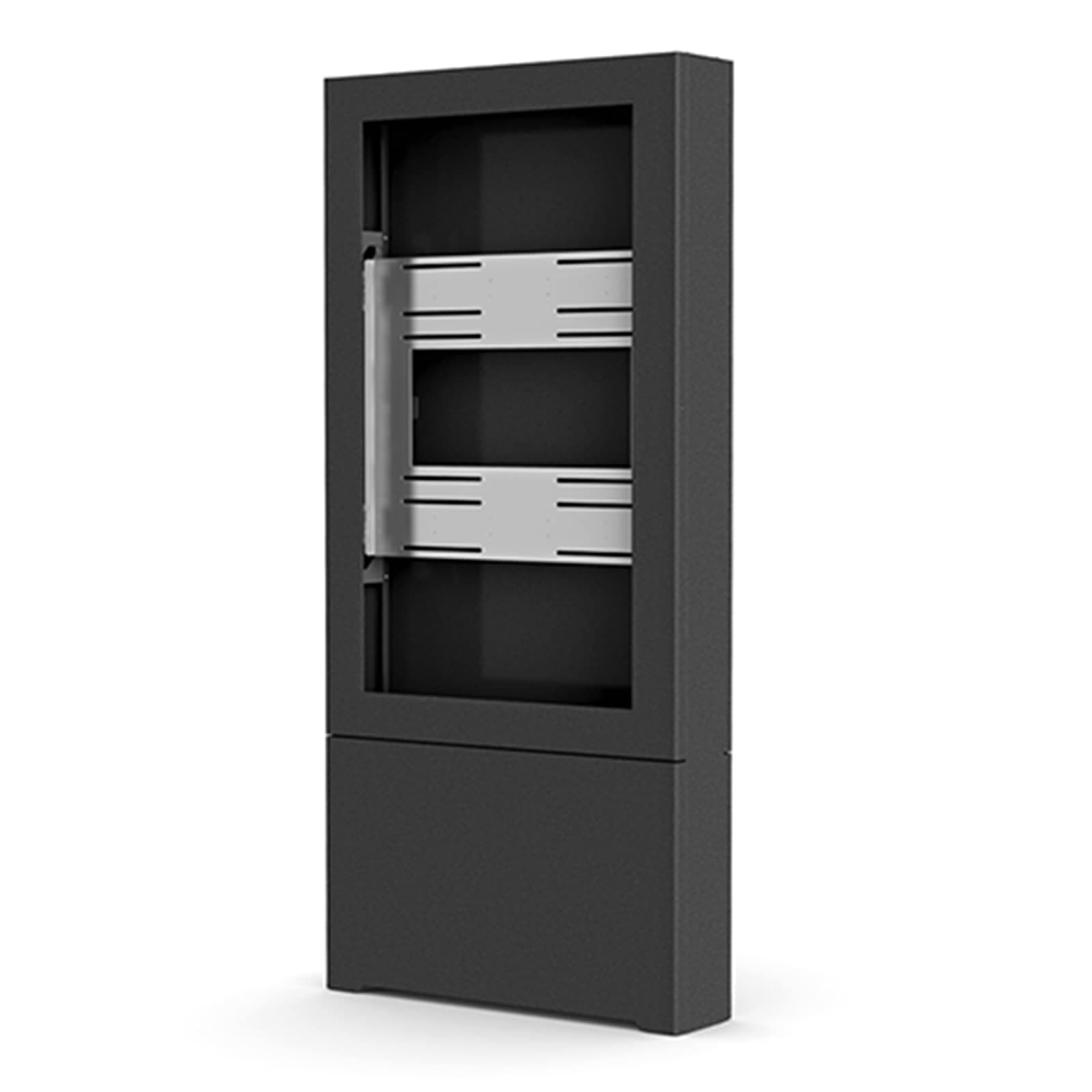 Chief Impact LF55UBP floor kiosk in black, front three-quarter view with the door closed and no display fitted, showing the universal mounting interface through the portrait aperture.