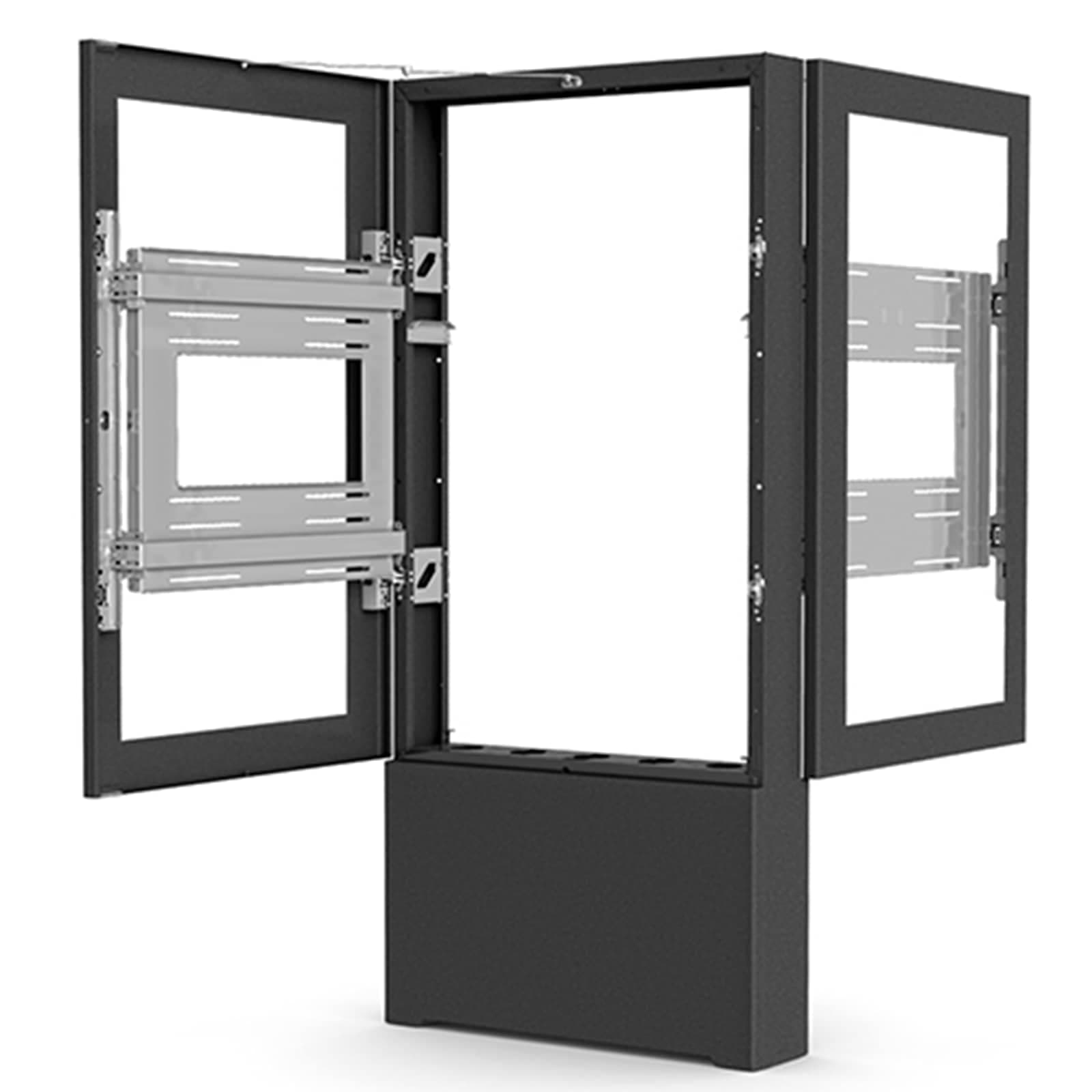 Chief Impact LF55UBP-B2B back-to-back floor kiosk in black with both front doors open, showing a display mounting bracket on each face and the shared AV storage base between them.