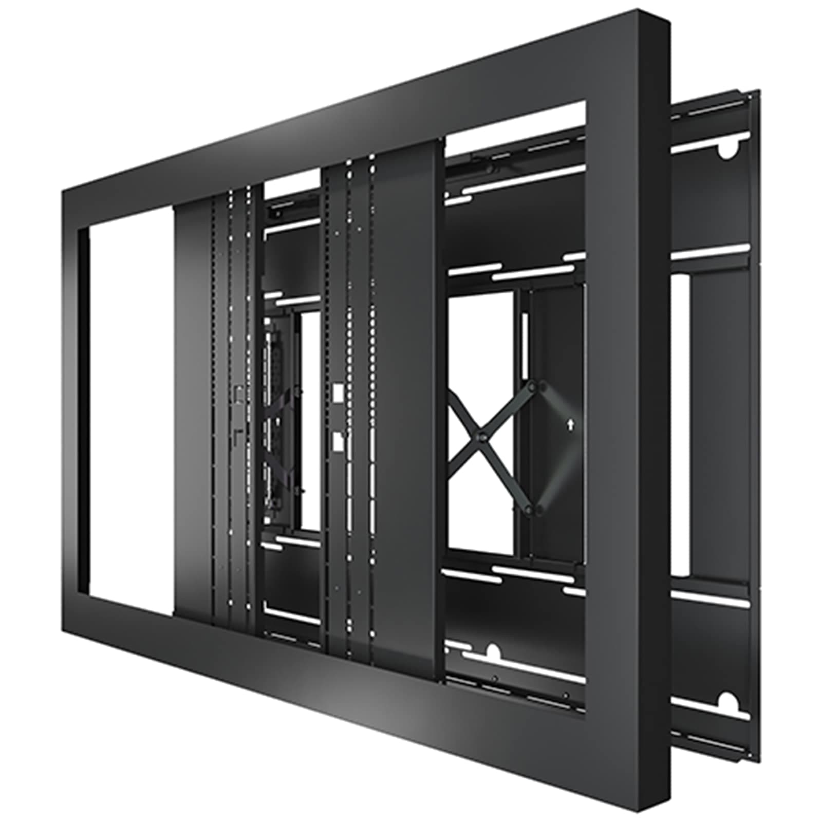 Chief Impact on-wall kiosk enclosure in black shown open with no display fitted, revealing the internal rails, wall plate and extension mechanism. Series image — the unit shown is the 55-inch model in the same range.