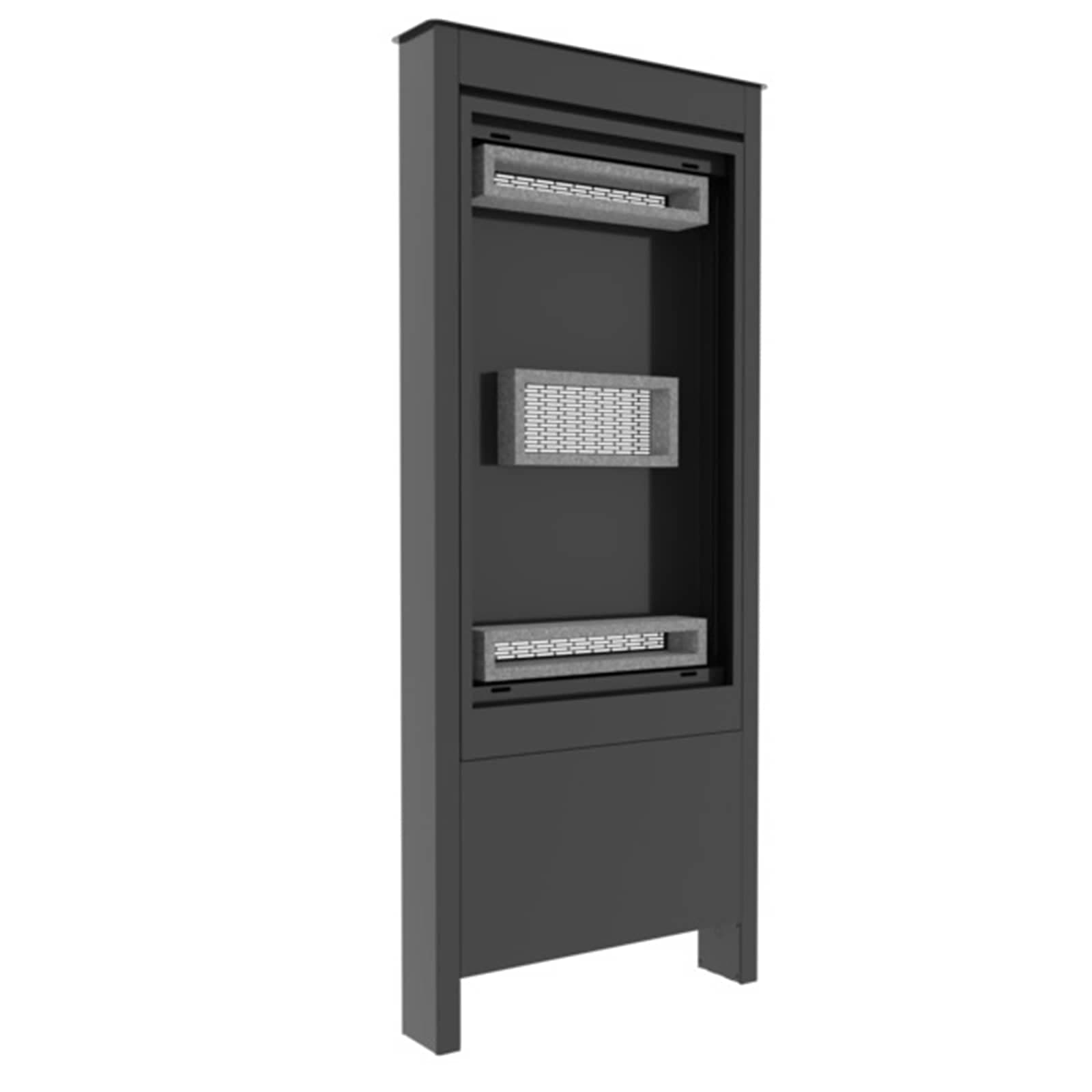Chief Impact outdoor portrait floor kiosk in black with no display fitted, showing the empty aperture, thermal vents and internal mounting rails. Series render — shared across the 49-inch and 55-inch Samsung versions.