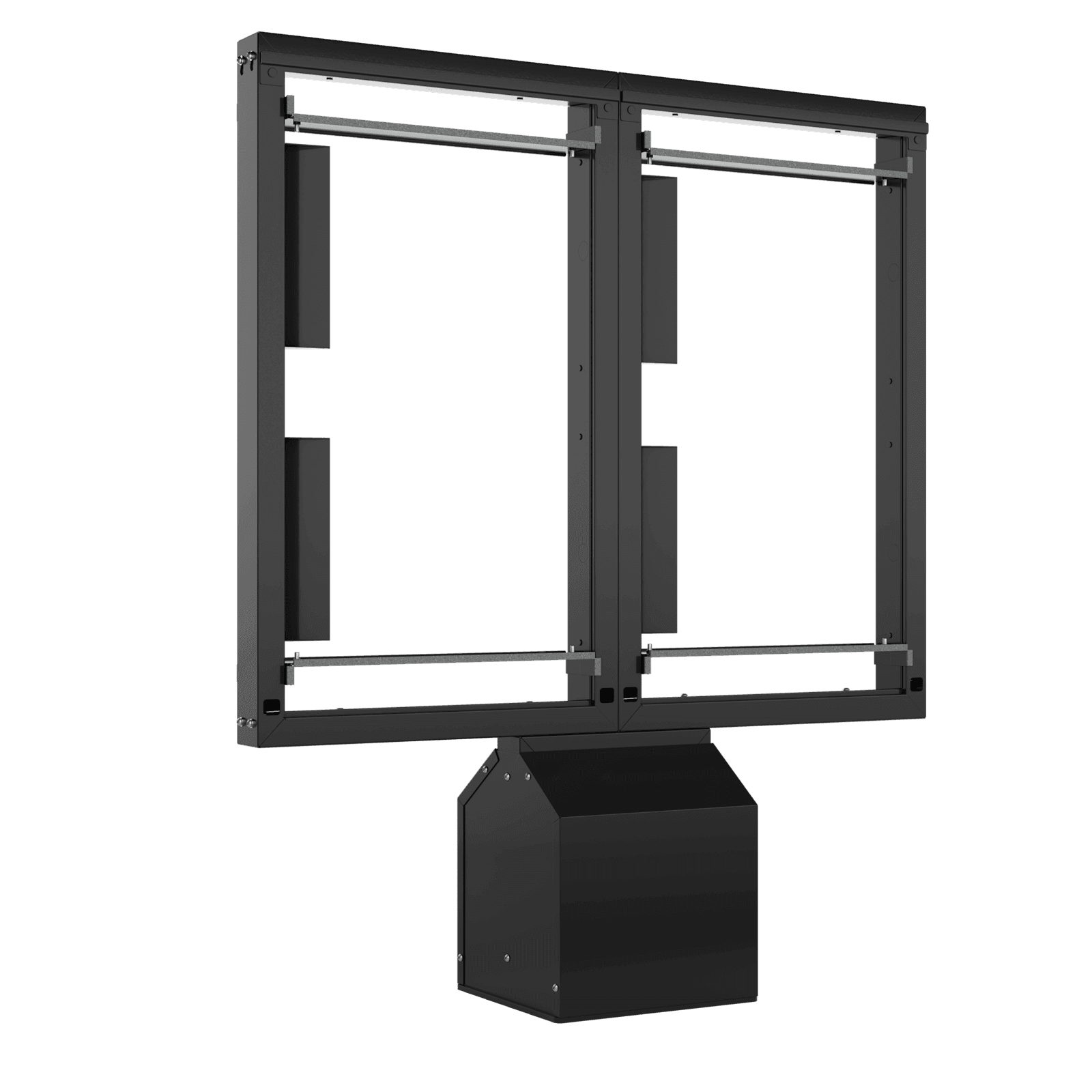 Chief Velocity ODMB2X1 dual outdoor pedestal system in black, side three-quarter view with no displays fitted, showing two open portrait frames side by side on pedestal bases.