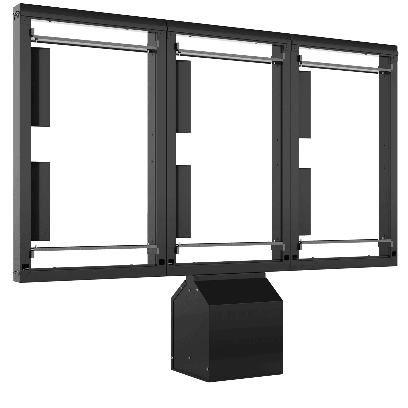 Chief Velocity ODMB3X1 triple outdoor pedestal system in black viewed from the right side, showing the depth of the frames and the anchored pedestal bases.