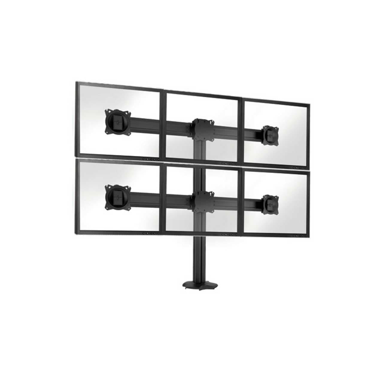 Chief Kontour K3 grommet-mounted 3x2 monitor array in black, front view with six screens fitted in two rows of three on a single desk column, showing the telescoping arm rails, the central heads and the grommet base plate at the desk surface.
