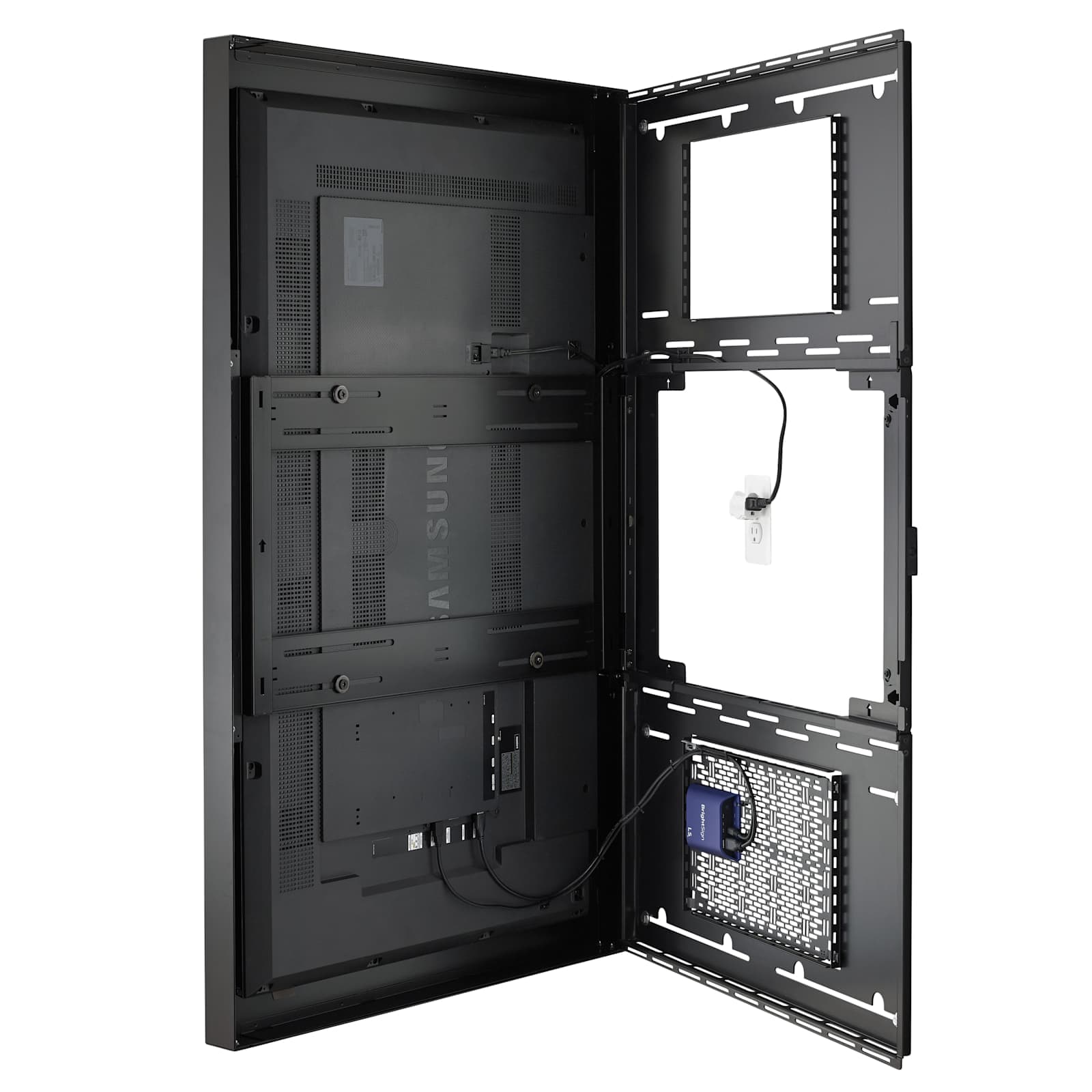 Chief LW55UBP black portrait enclosure hinged open, a display mounted on the door leaf and a media player and power outlet fitted to the wall plate behind