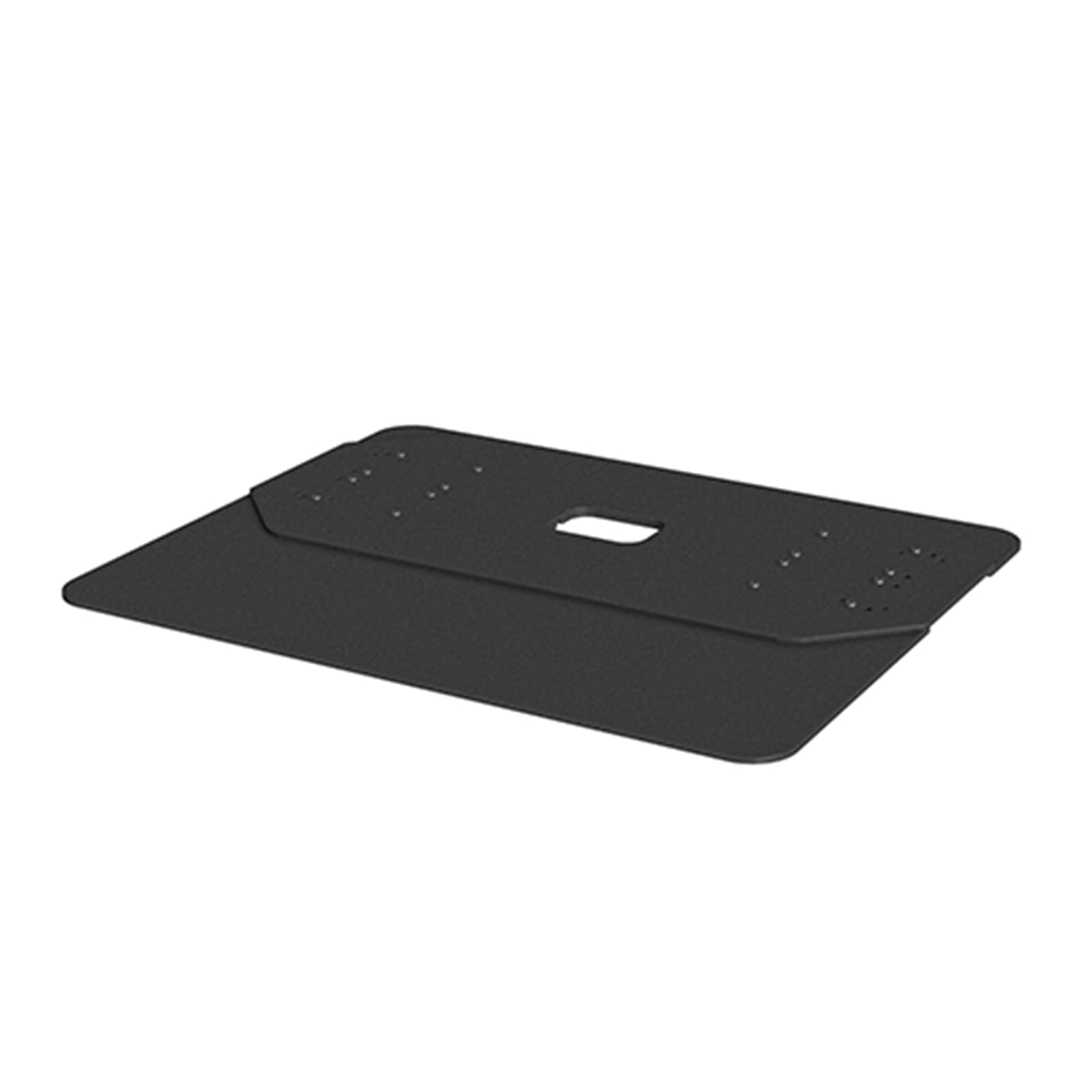 Chief PACLFB freestanding single-sided kiosk base: a flat black steel plate with a central cable slot and two clusters of pre-drilled fixing holes