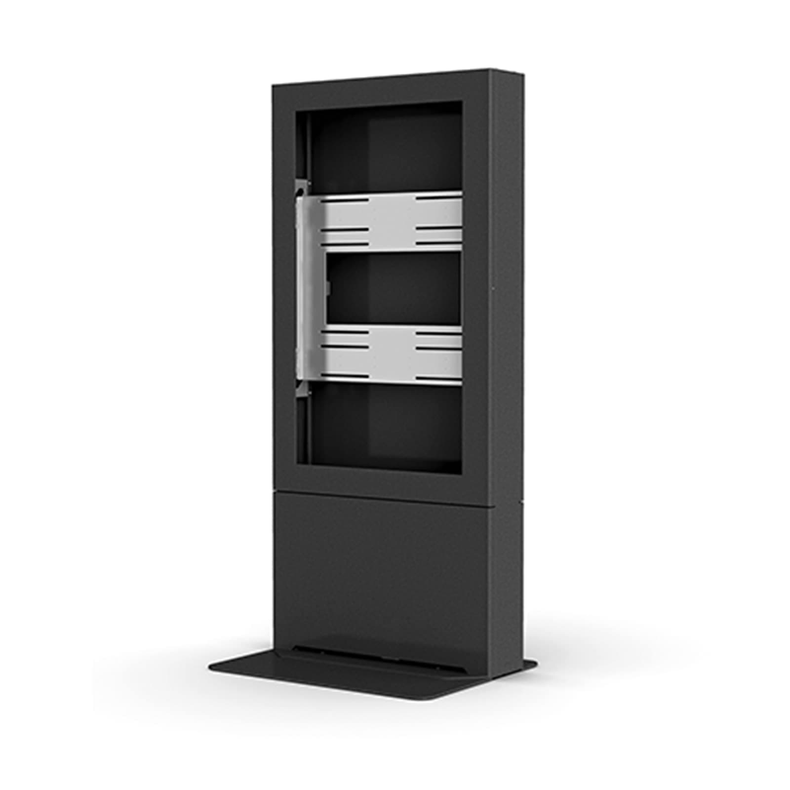 Application view of the black PACLFB base in use, shown supporting a Chief Impact portrait floor kiosk enclosure - the kiosk enclosure and display are not included