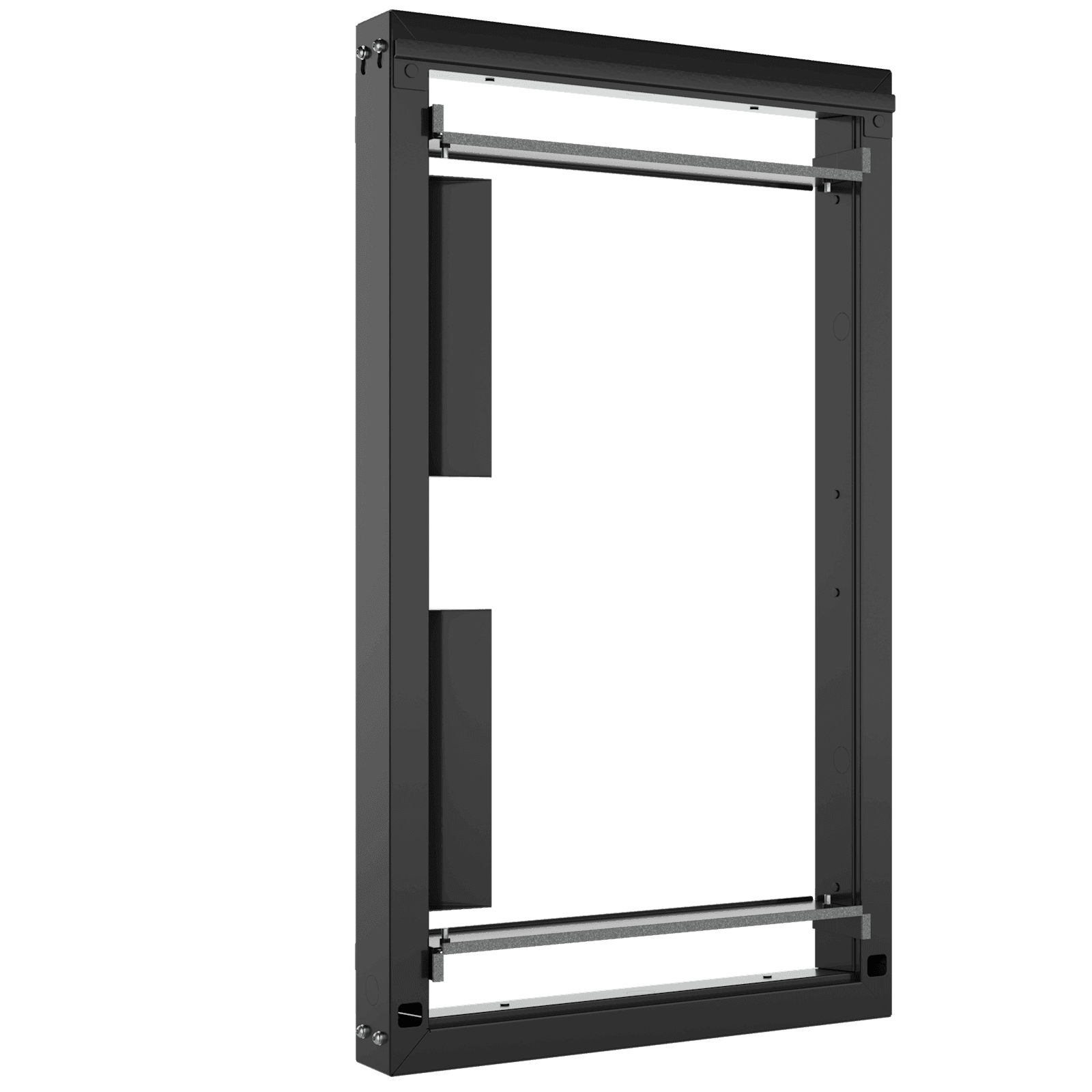 Chief Velocity pedestal modular frame: a black rectangular steel frame in portrait format with adjustable internal display rails, gasketed top and bottom sections and corner fixing brackets. Manufacturer render supplied for the ODMPF1; the file is a Velocity series asset rather than a SKU-named photograph.
