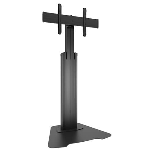 Chief LFAUB large Fusion floor AV stand in black, shown from the front on its flat weighted base with the crossbar display interface fitted and no display.