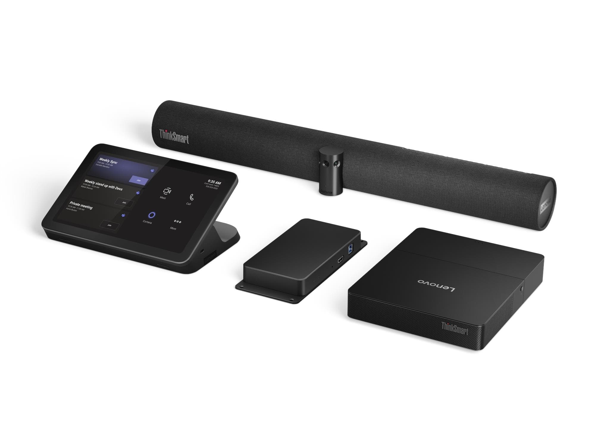 Lenovo ThinkSmart Core Gen 2 for Microsoft Teams Rooms, official Lenovo configuration image showing the compute unit, Lenovo IP Controller touch console and ThinkSmart Bar 180 audio bar