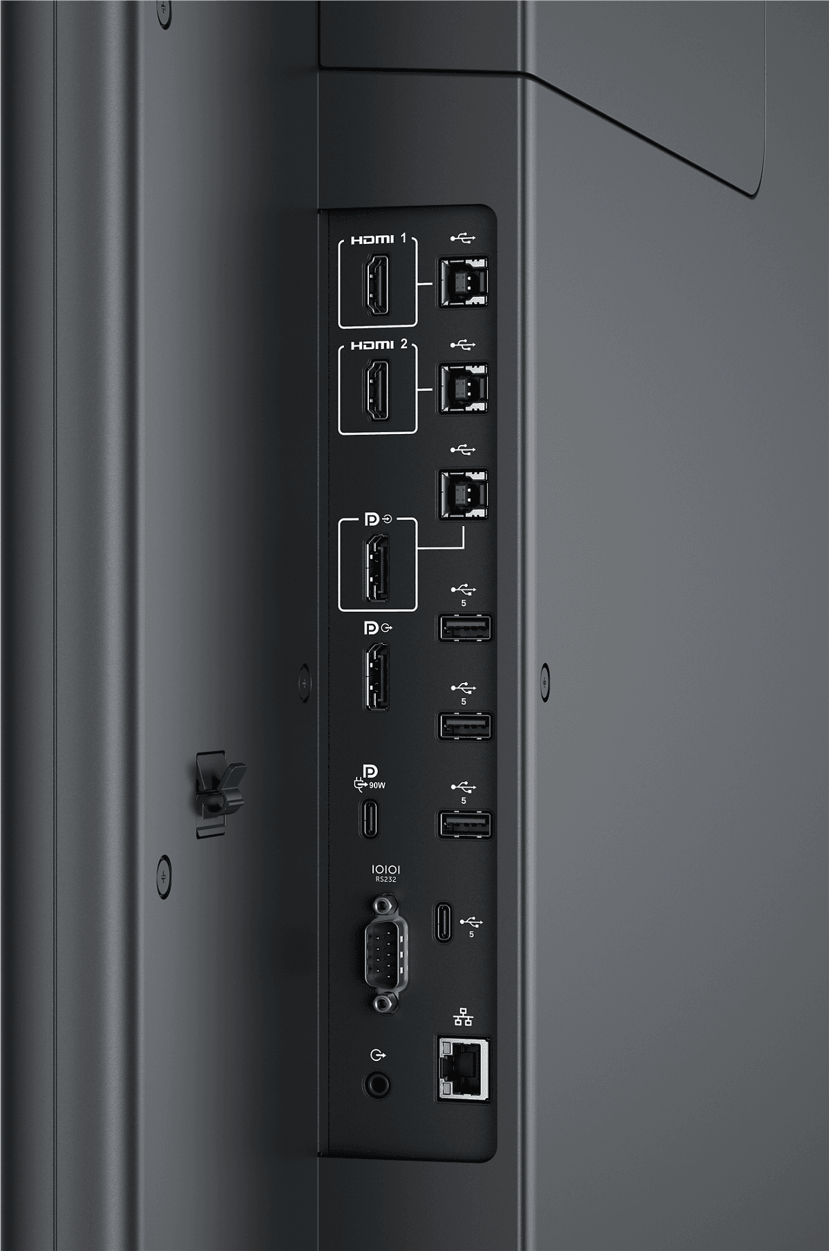 Dell Pro 75 Plus 4K Touch Monitor P7525QT 75-inch Interactive Display — close-up of the rear connector panel. Official Dell product image.