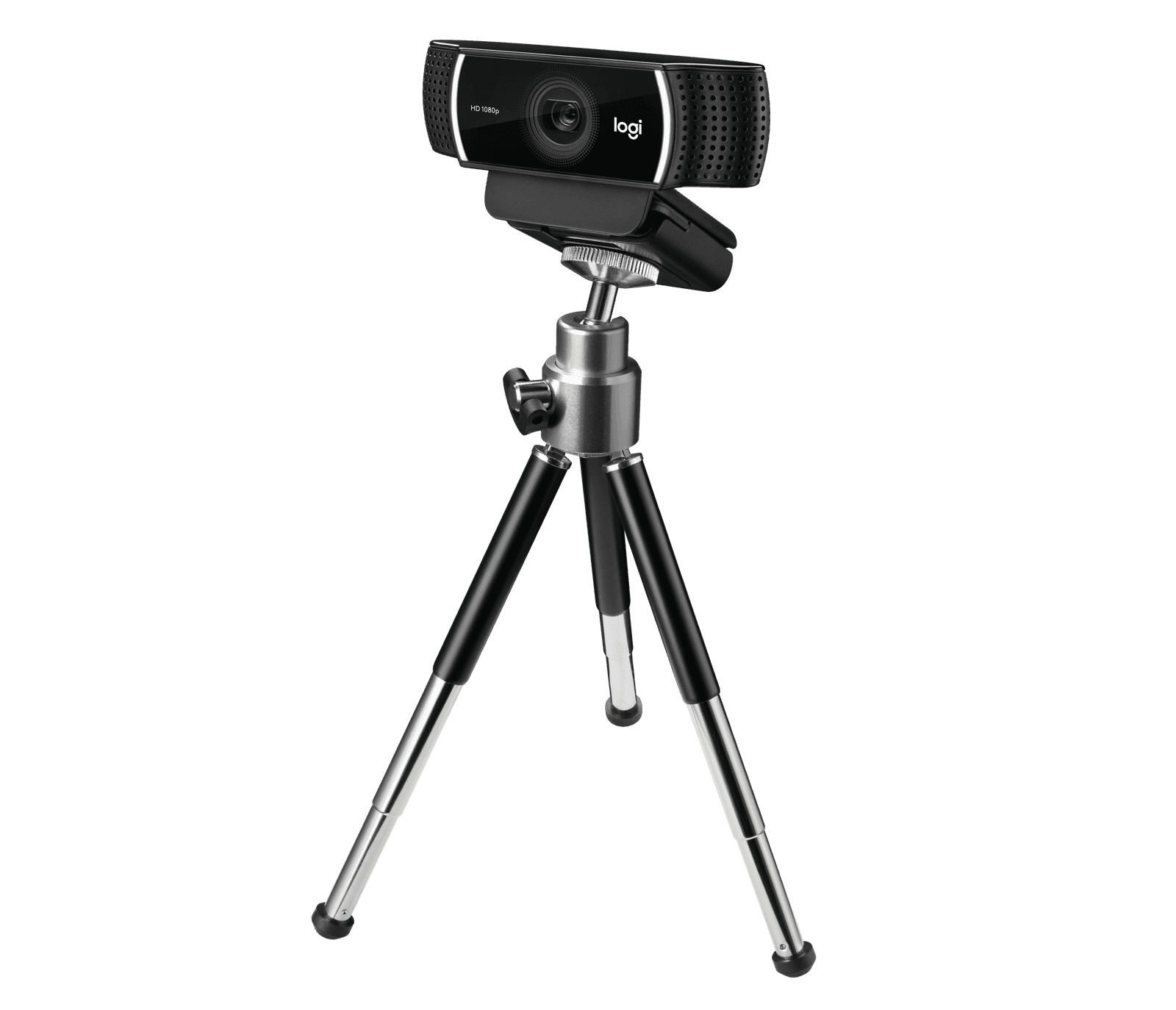 Rear view of the Logitech C922 showing the folding clip and tripod thread