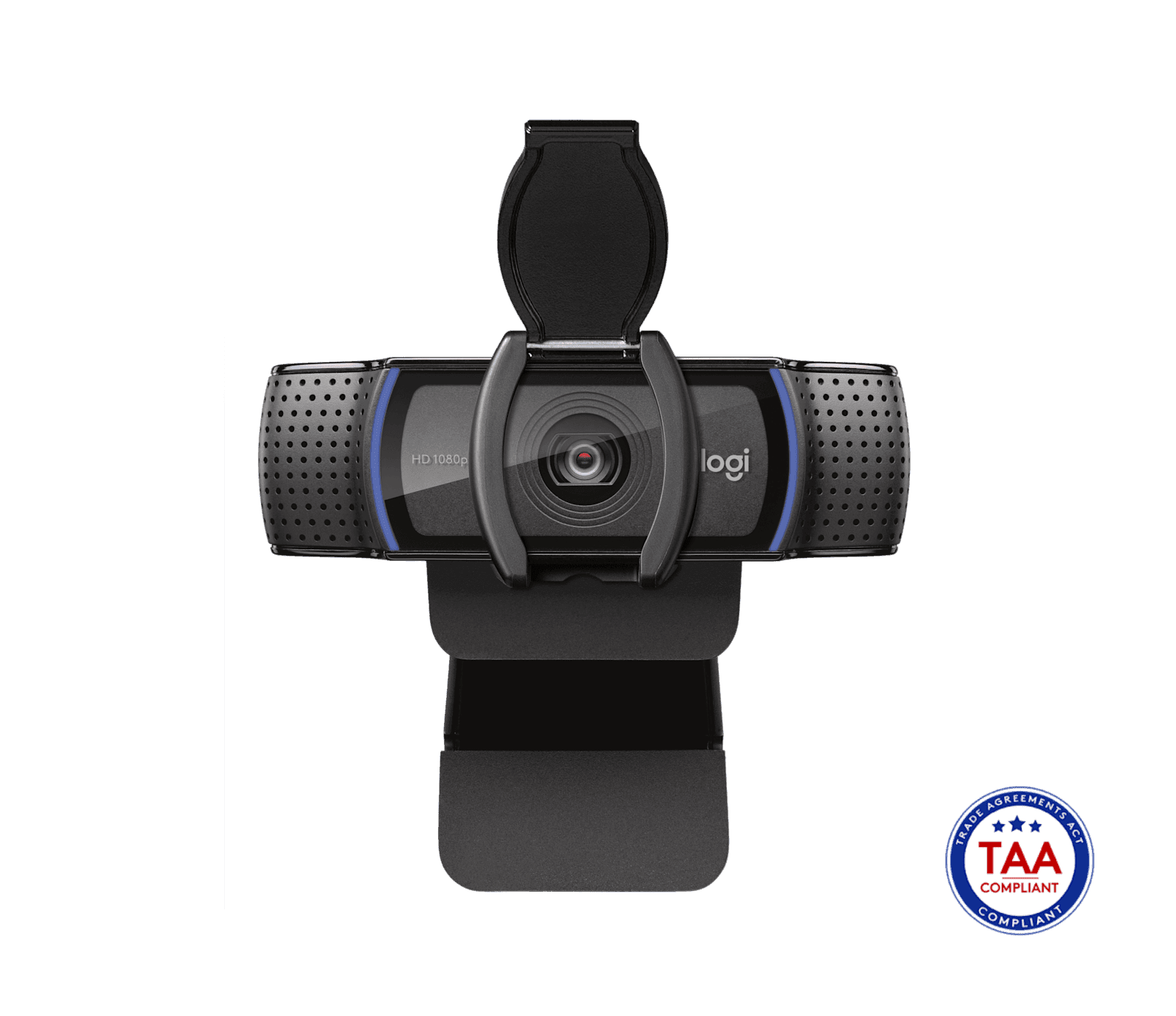 Logitech C920e viewed from the front showing the autofocus lens and dual microphone openings