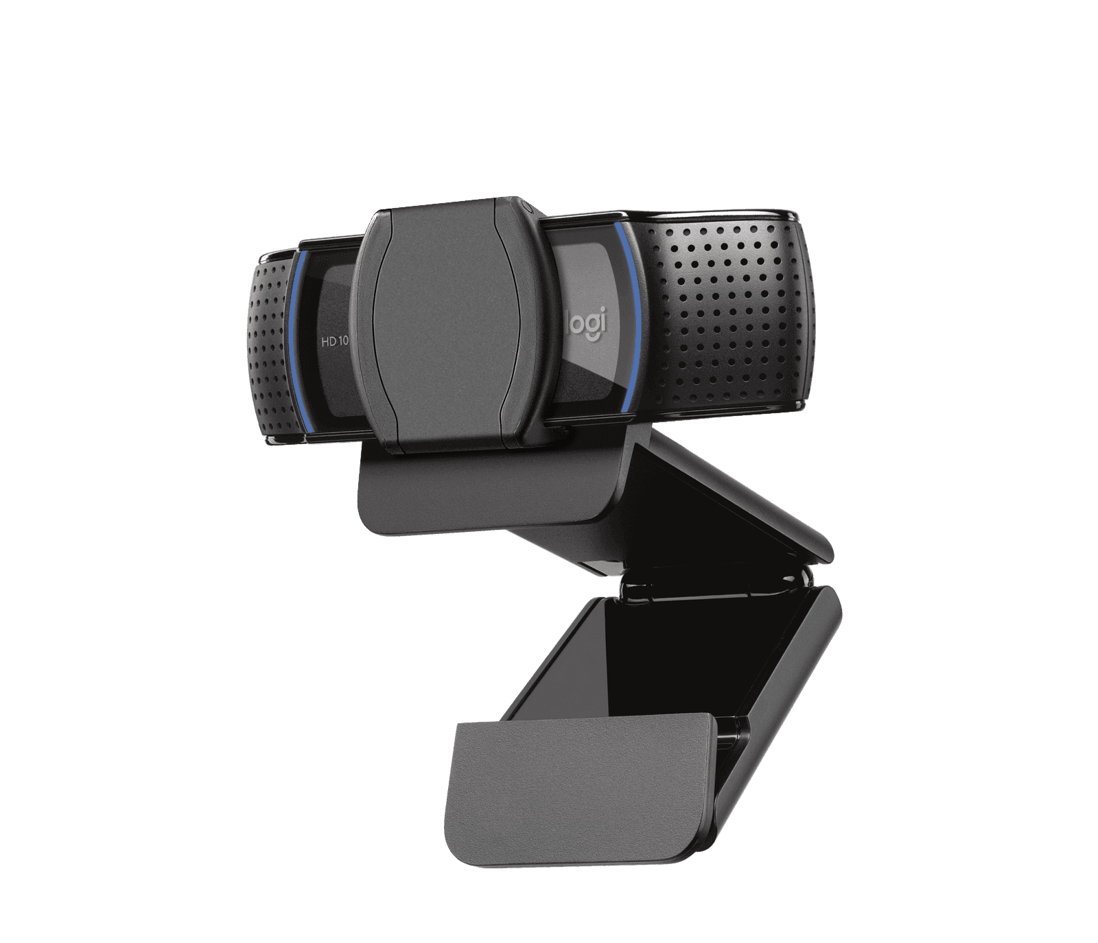 Logitech C920s seen from the front with the privacy shutter removed, showing the glass lens