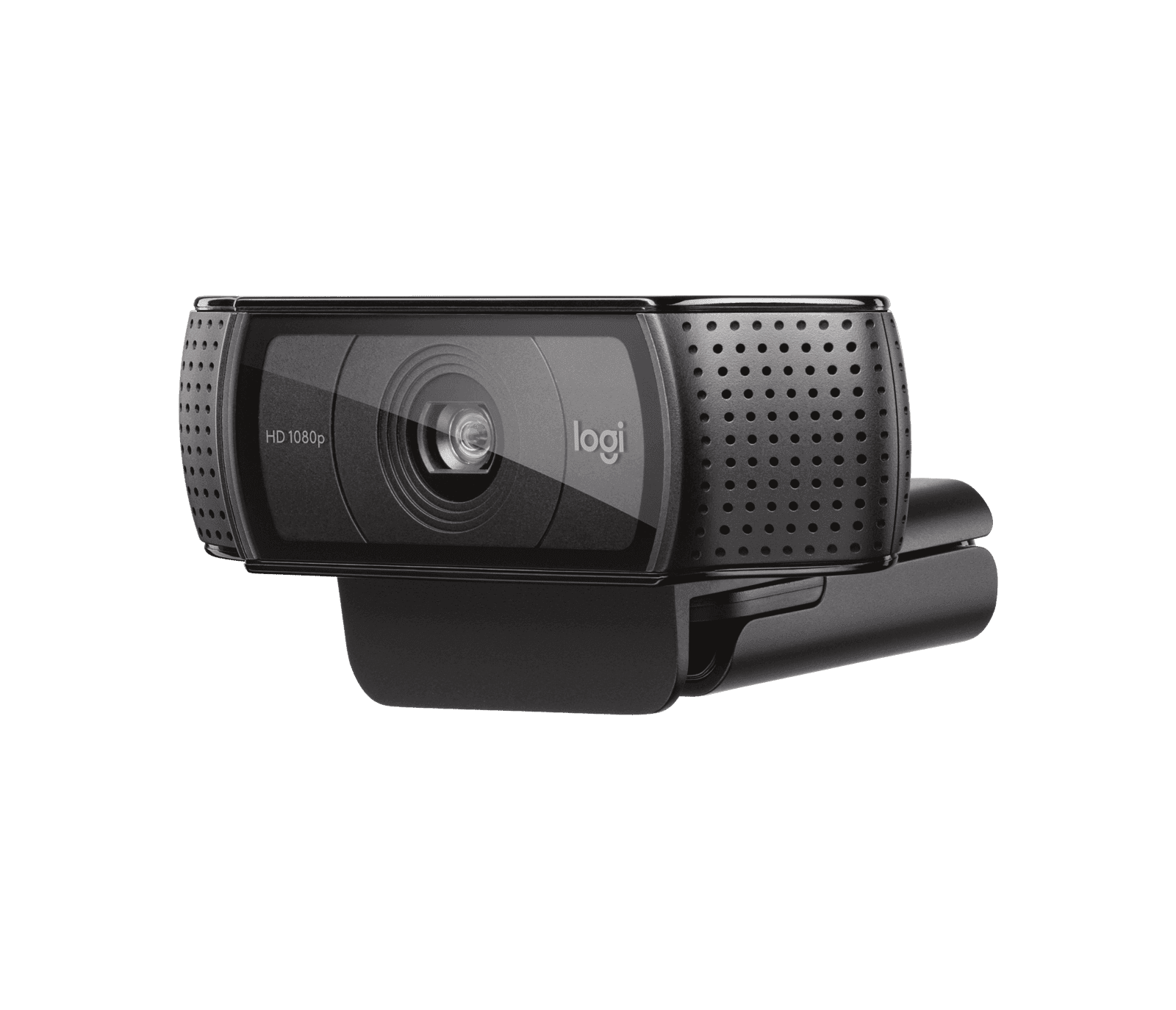 Rear view of the Logitech C920 showing the folding clip and tripod thread