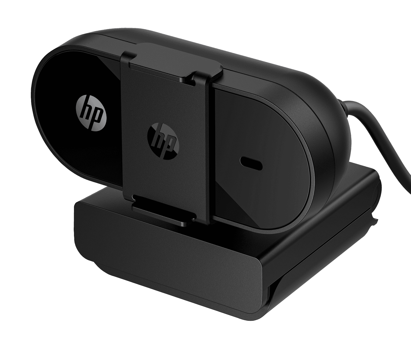 HP 325 FHD Webcam in jet black, front-left three-quarter view with the camera cover fitted