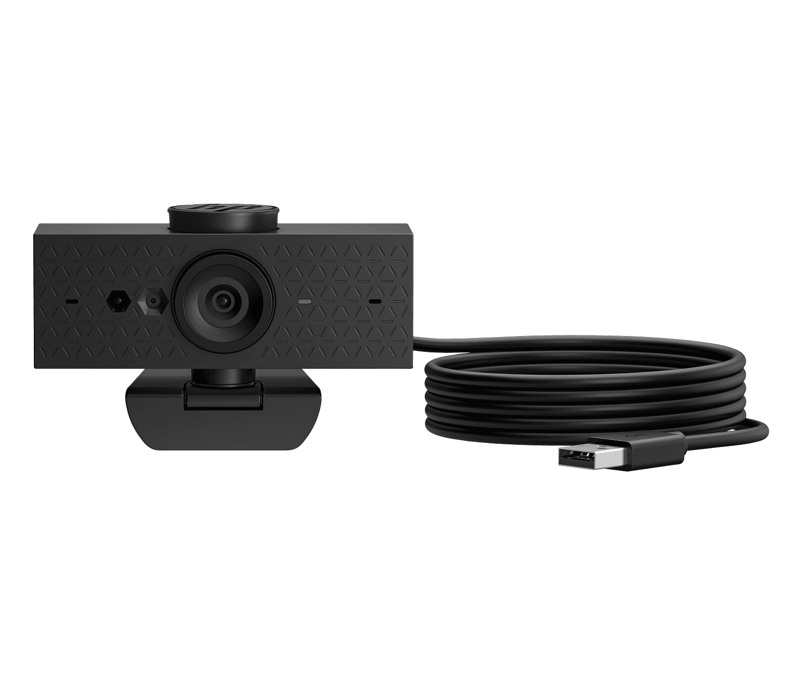 HP 625 FHD Webcam in jet black, front view with the privacy cover off and the USB cable coiled