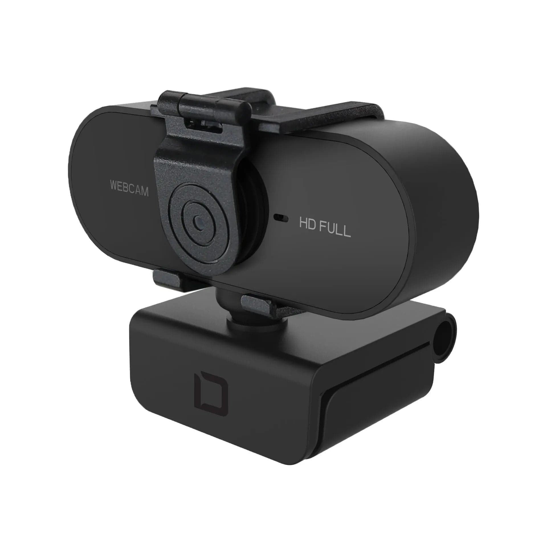 DICOTA D31841 Webcam PRO Plus Full HD - three-quarter view showing the privacy shutter and monitor clip