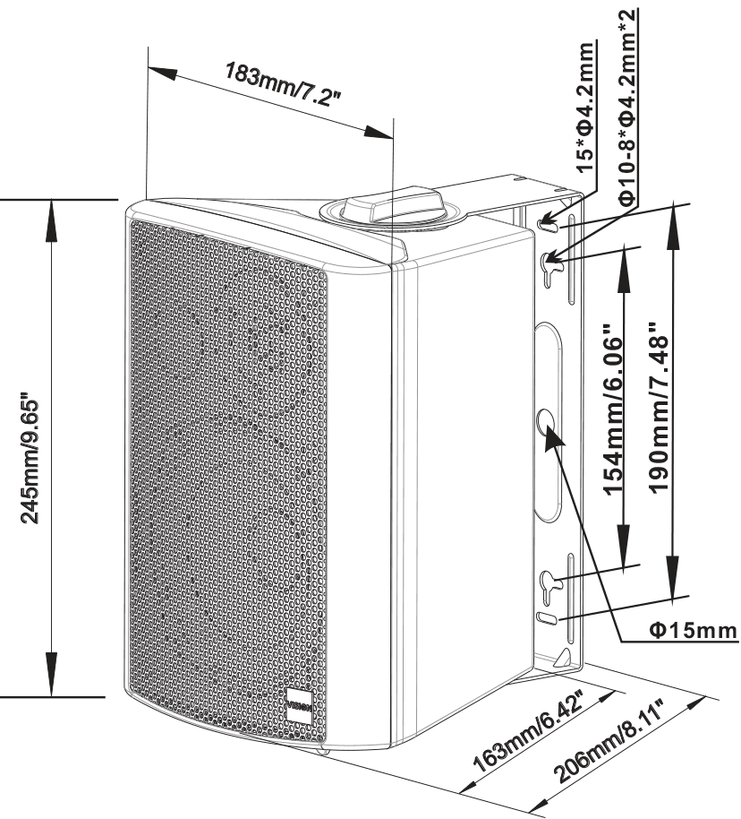 Vision SP-900P Pair of 54W Active Wall Speakers - dimensioned drawing of the speaker