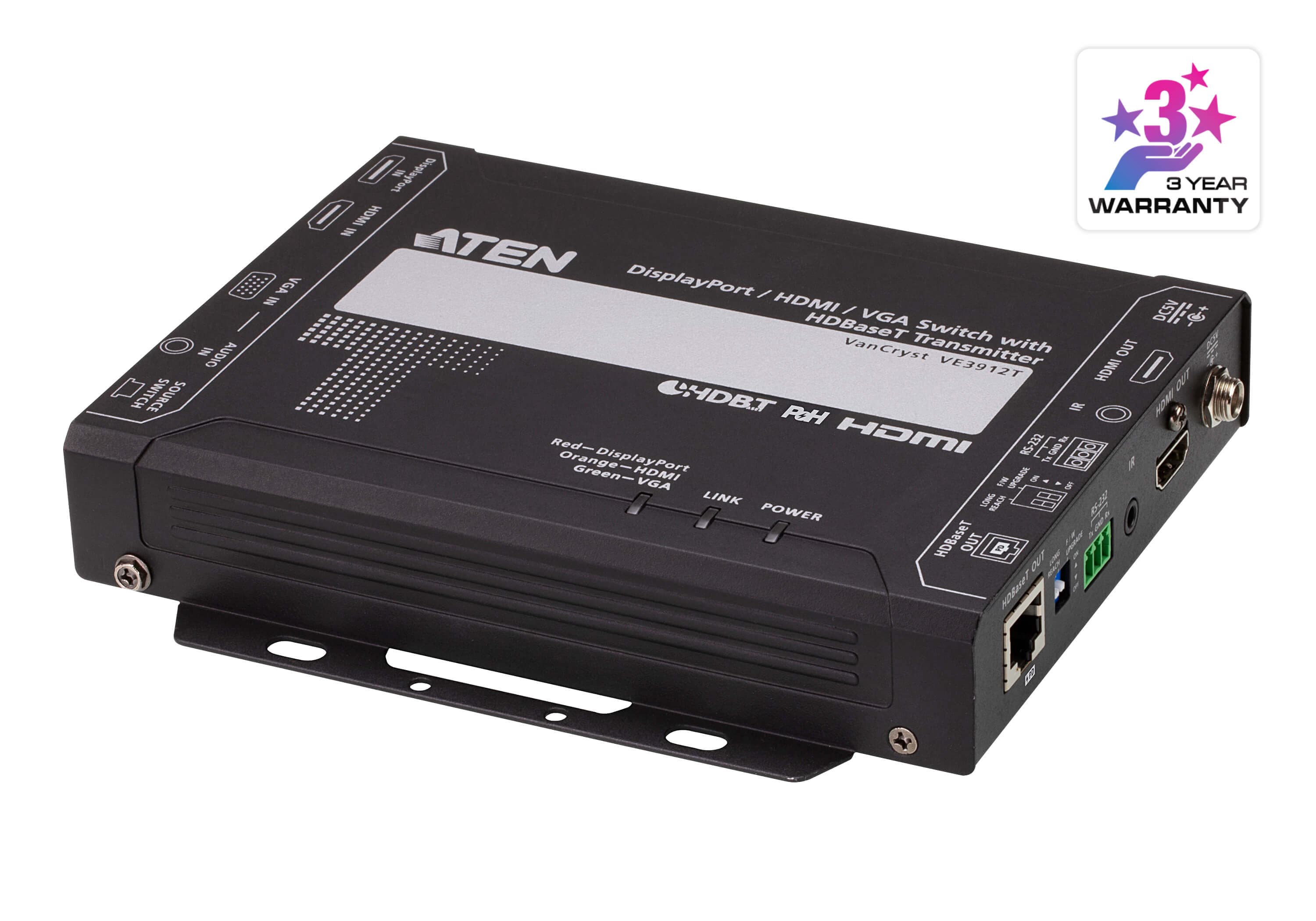 ATEN VE3912T DisplayPort / HDMI / VGA Switch with HDBaseT Transmitter (PoH PD) - angled product view
