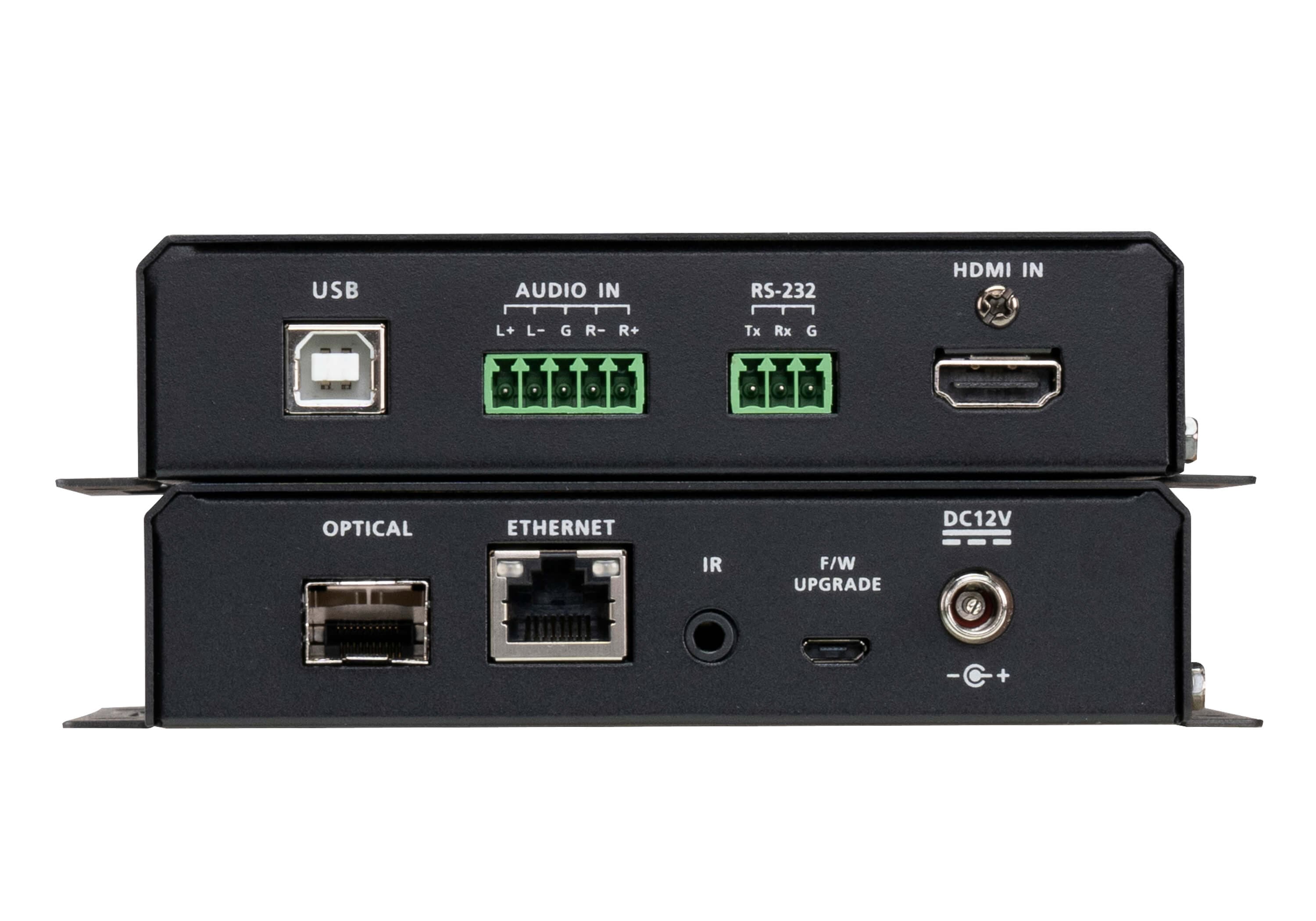 ATEN VE883AK1 True 4K HDMI Optical Extender Kit (Multimode, 300 m) - connector panel view (ATEN publishes one photo for the VE883A series - shown here is the transmitter and receiver pair; the K1/K2 difference is the supplied SFP+ module, not the hardware)