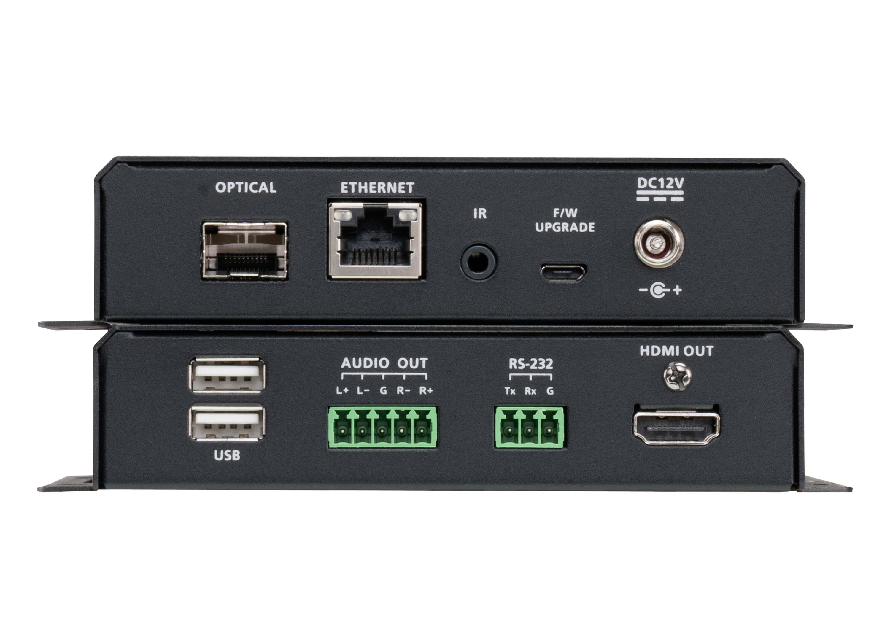ATEN VE883AK2 True 4K HDMI Optical Extender Kit (Singlemode, 10 km) - connector panel view (ATEN publishes one photo for the VE883A series - shown here is the transmitter and receiver pair; the K1/K2 difference is the supplied SFP+ module, not the hardware)