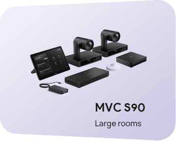 Yealink MVC S90 room kit laid out together - two UVC86 PTZ cameras, the MTouch Plus touch console, the MCore 4 mini-PC, the AVHub processor, the RoomSensor puck and a VCH51 Pro box, on a card captioned MVC S90 Large rooms