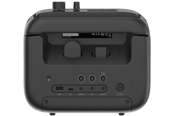 AVer AmpliWave Go rear panel showing the input and output connectors and battery compartment
