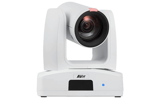 AVer PTZ211 front view in white with the tally lamp lit red above the lens