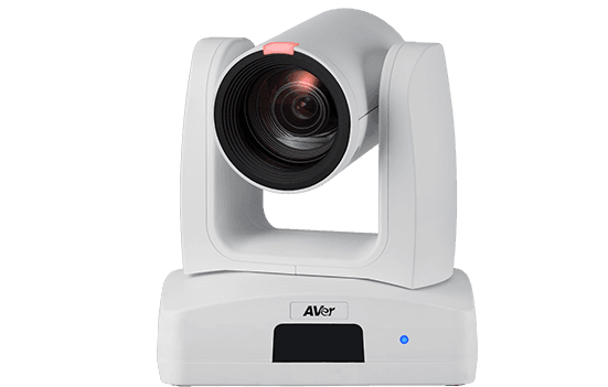 AVer PTZ330UV2 in white, three-quarter view showing the pan-tilt yoke and base