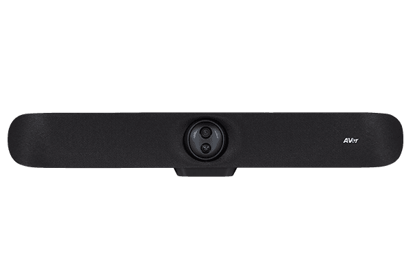 AVer VB370A video bar, front view of the wide black bar with the dual-lens camera module at the centre