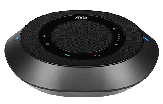 AVer VC520 Pro3 speakerphone, round black puck with call control buttons on the top face