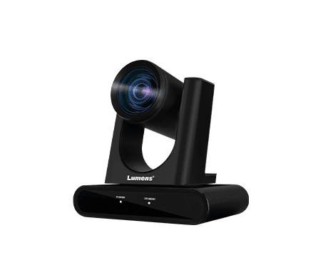 Lumens VC-R31 IP PTZ camera in black — three-quarter front view with the lens turned to the left