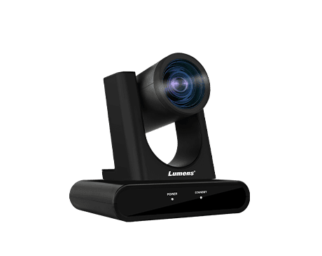 Lumens VC-R31 IP PTZ camera in black — three-quarter view from the right showing the Lumens branding on the base