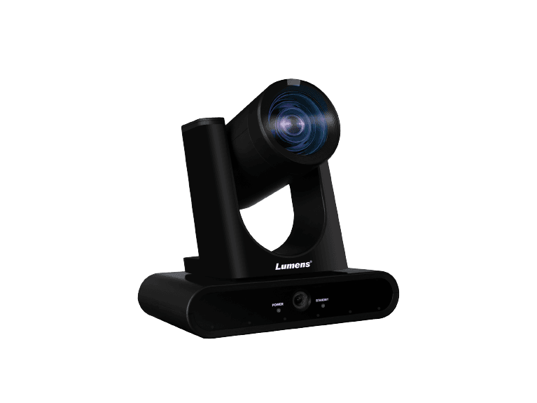 Lumens VC-TR60A dual-lens PTZ camera in black — three-quarter view from the right