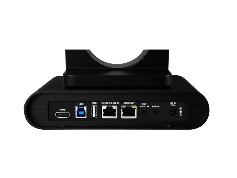 Lumens VC-TR60A dual-lens PTZ camera in black — rear connector panel showing HDMI, USB, Ethernet and control ports