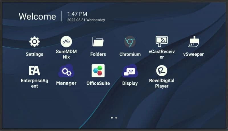 ViewSonic CDE8630 86in display, front view showing Android home screen with Chromium, vCastReceiver and OfficeSuite app icons