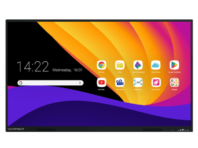 Clevertouch X5 interactive display front view showing Android home screen with app icons