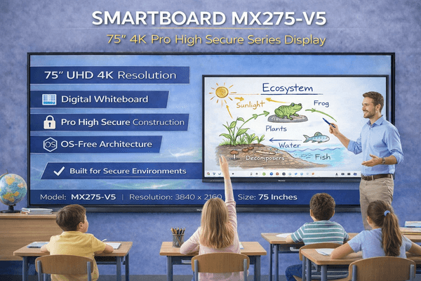 SMART Board MX275-V5 75in interactive display, classroom in-use photo with model badge overlay showing 4K UHD digital whiteboard lesson
