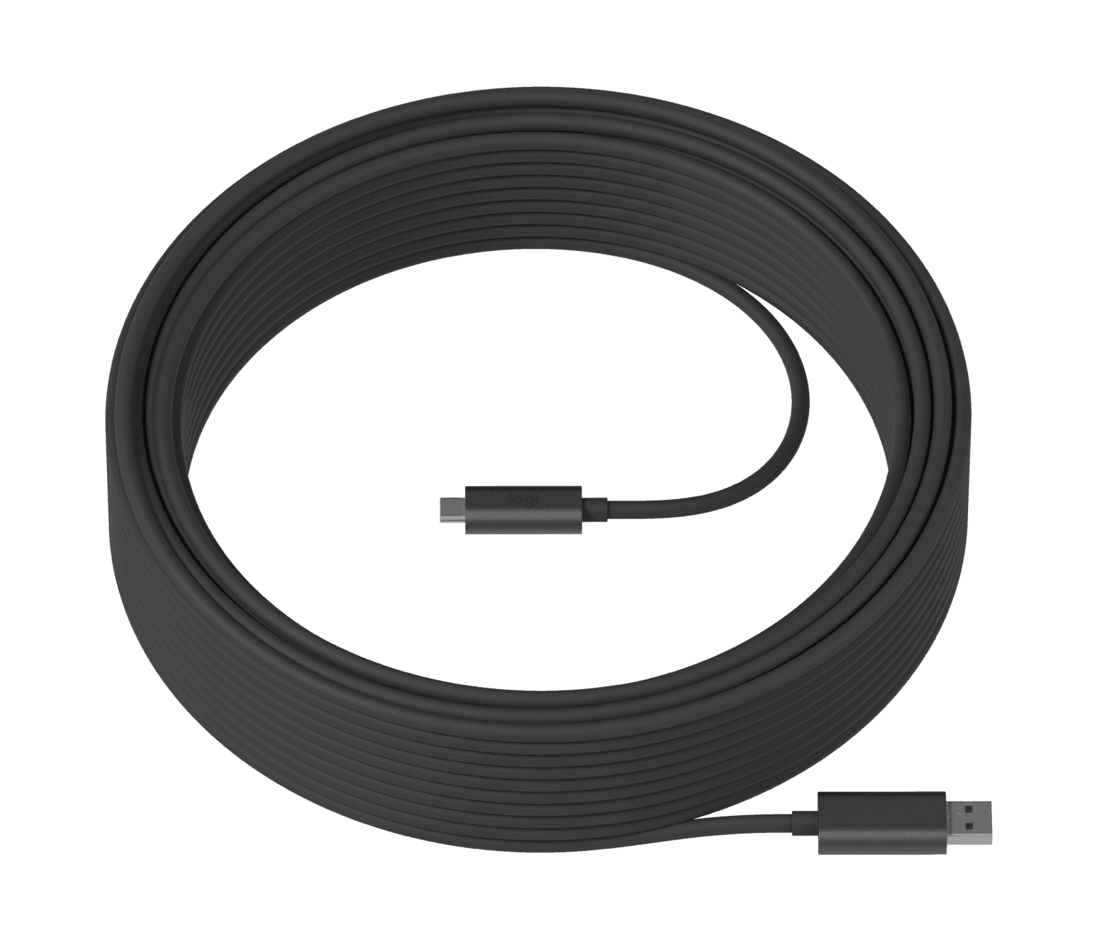 Logitech Strong USB active optical cable coiled flat, with the USB Type-C connector at one end and the USB Type-A connector at the other. Logitech publishes one product photo for the Strong USB range, so the coil shown is not specific to the 25 m length.