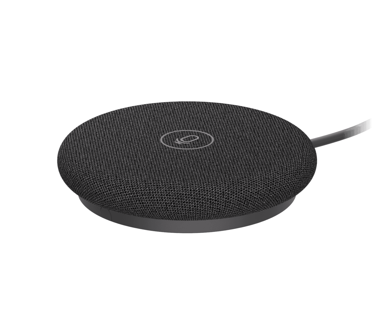 Logitech Rally Mic Pod 2 in graphite, three-quarter view showing the mesh fabric top, central mute icon and the attached dark cable