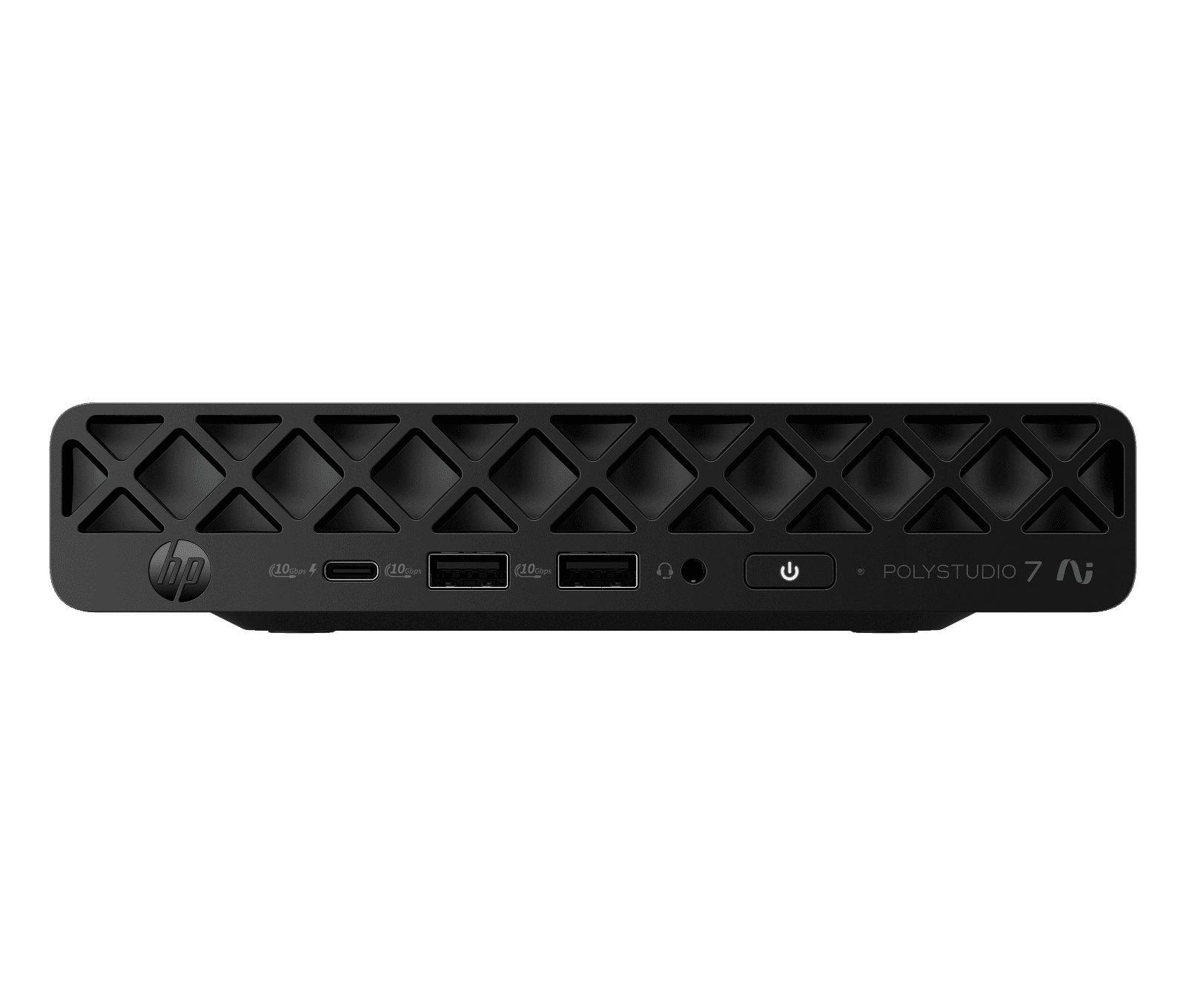 HP Poly Studio 7 Room Compute, front view of the jet-black mini PC showing the diamond-pattern vent grille, USB Type-C and two USB Type-A ports, headset jack, power button and POLYSTUDIO 7 AI marking. The Zoom Rooms and Teams Rooms builds share the same chassis, so HP publishes one render for both.