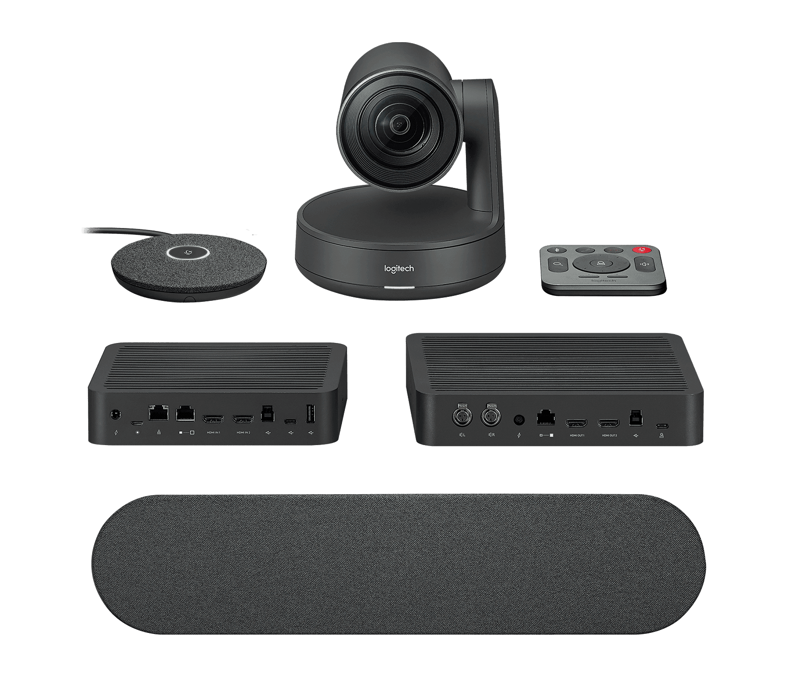 The Logitech Rally system components supplied in this kit: PTZ camera, one mic pod, remote control, Display Hub and Table Hub, and one speaker