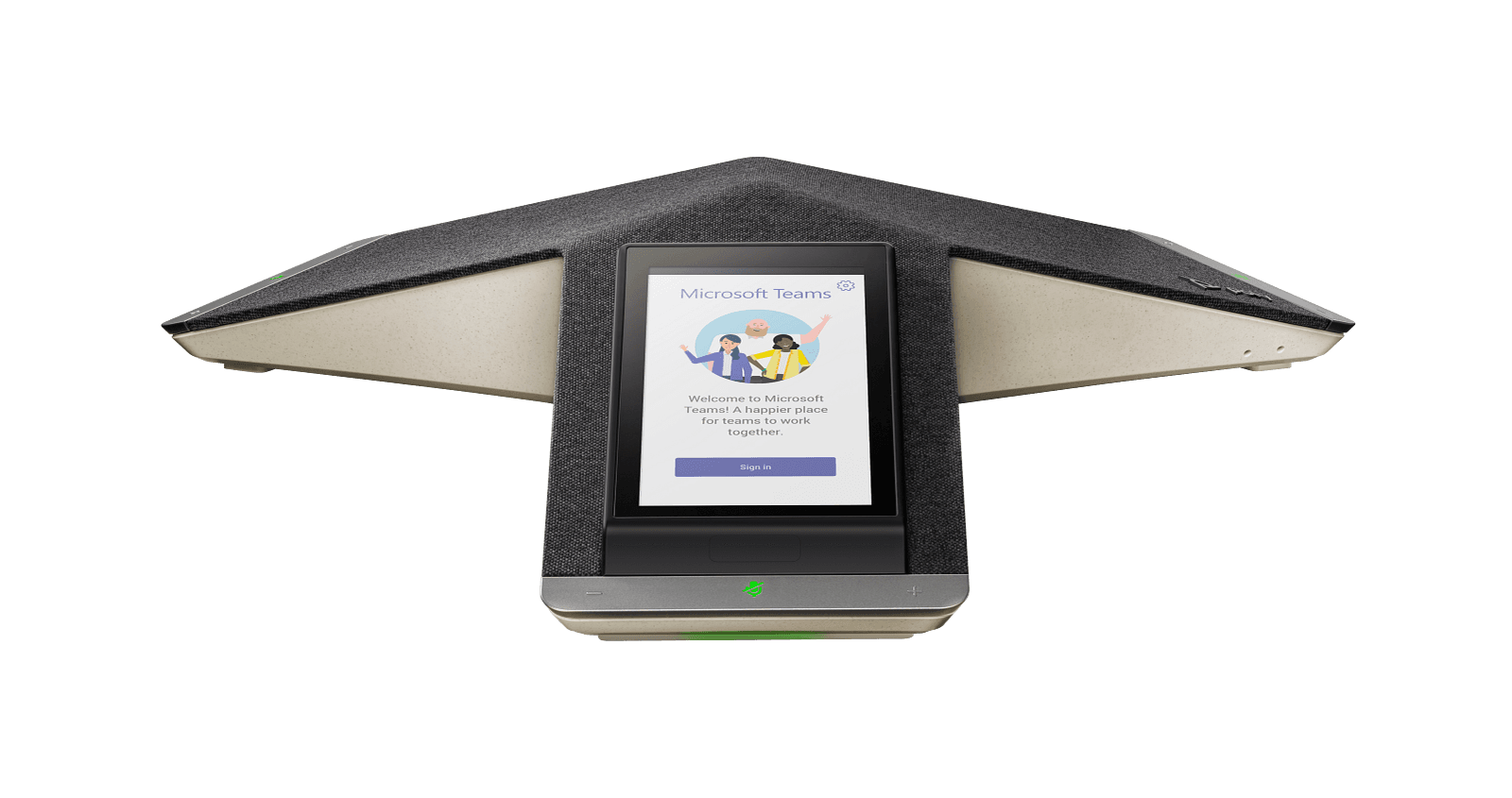 Poly Trio C60 conference speakerphone seen head-on, its three fabric-covered arms spread flat on a table and the 5-inch touchscreen showing the Microsoft Teams sign-in screen