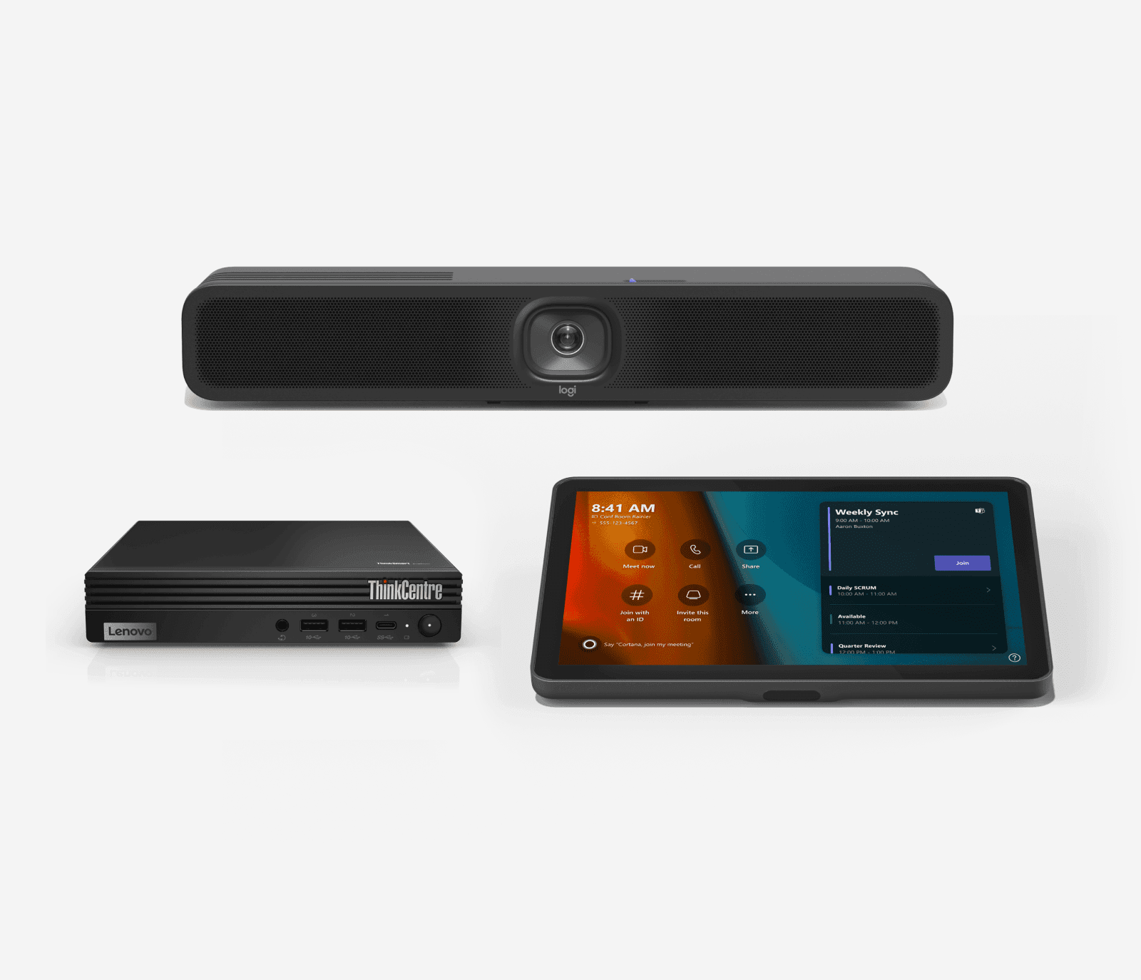 The three main components of this kit together: the MeetUp 2 video bar, the Lenovo mini PC and the Tap touch controller running the Teams Rooms home screen